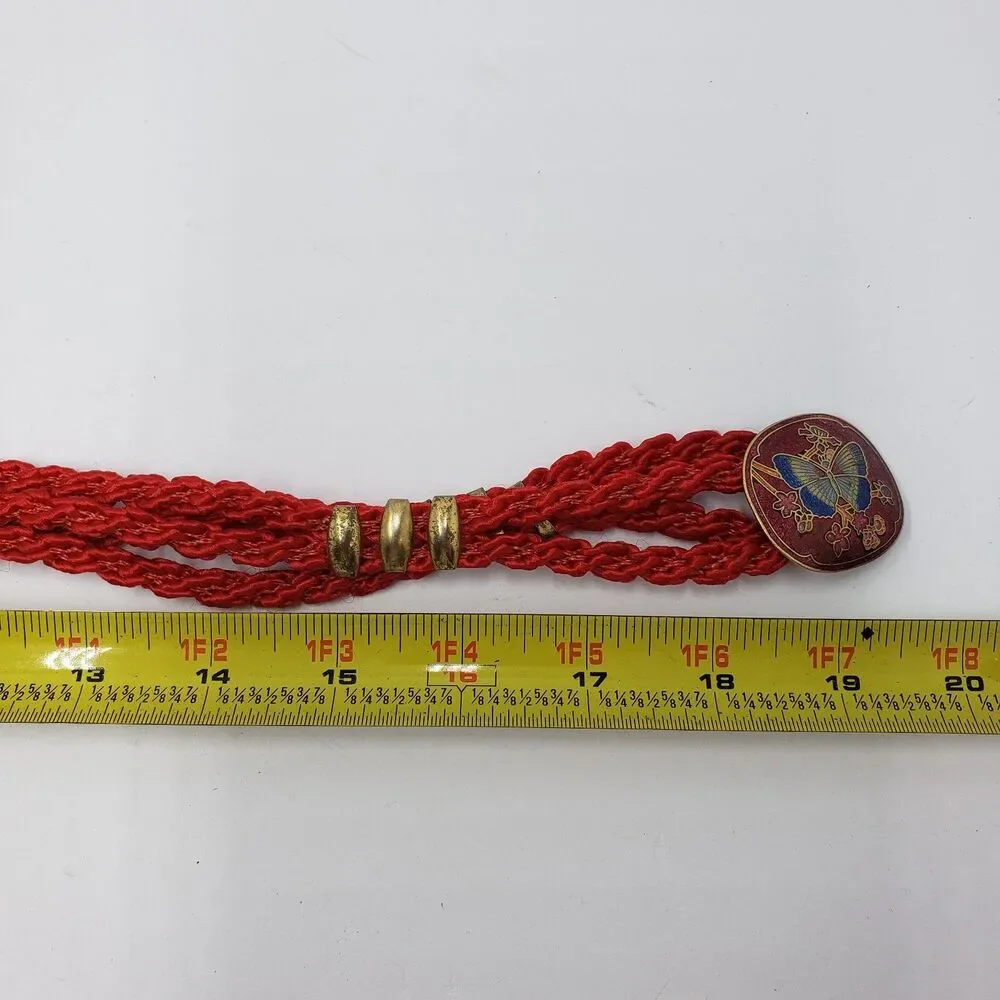 Vintage Cloisonne Butterfly Belt Red Braided Cord Passamenterie Sash Adjustable